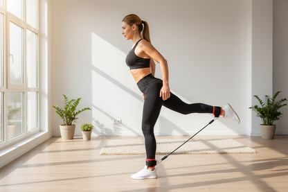 Frau trainiert Beine mit TransformBand