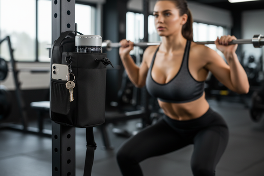 Magnetic Gym Bag im Fokus - Frau mit größeren Brüsten im Hintergrund