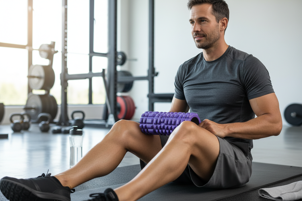 Mann nutzt Faszienrolle für Beine