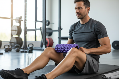 Mann nutzt Faszienrolle für Beine